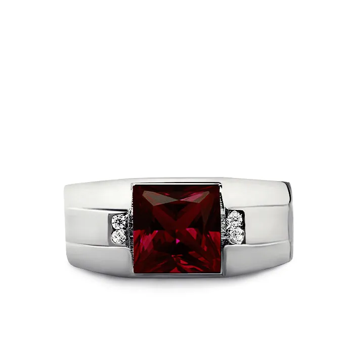 0.08ct Natural Diamond Ring for Men Solid 14K White Gold Red Ruby Ring