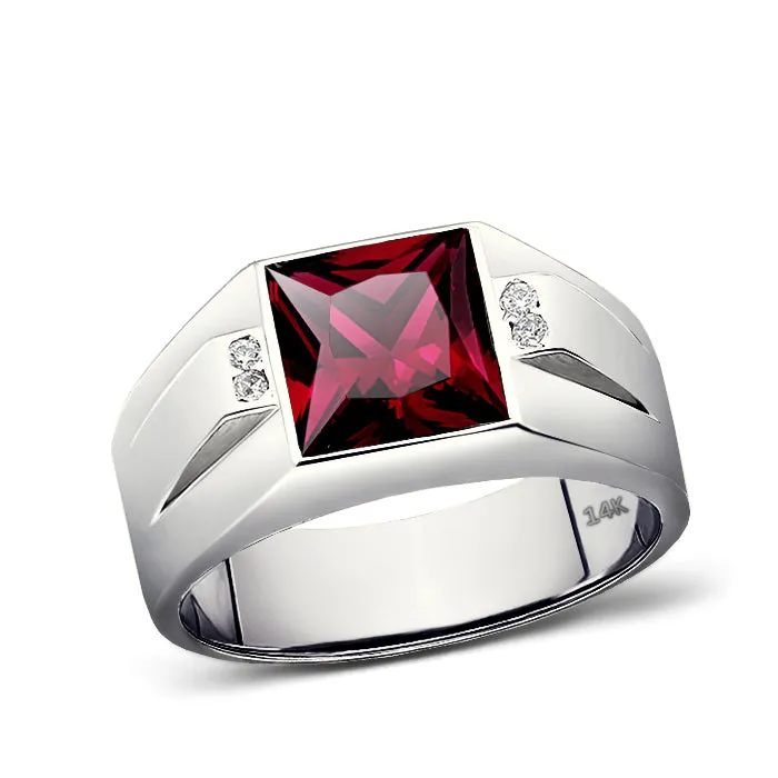 0.08ct Natural Diamond Ring for Men Solid 14K White Gold Red Ruby Ring