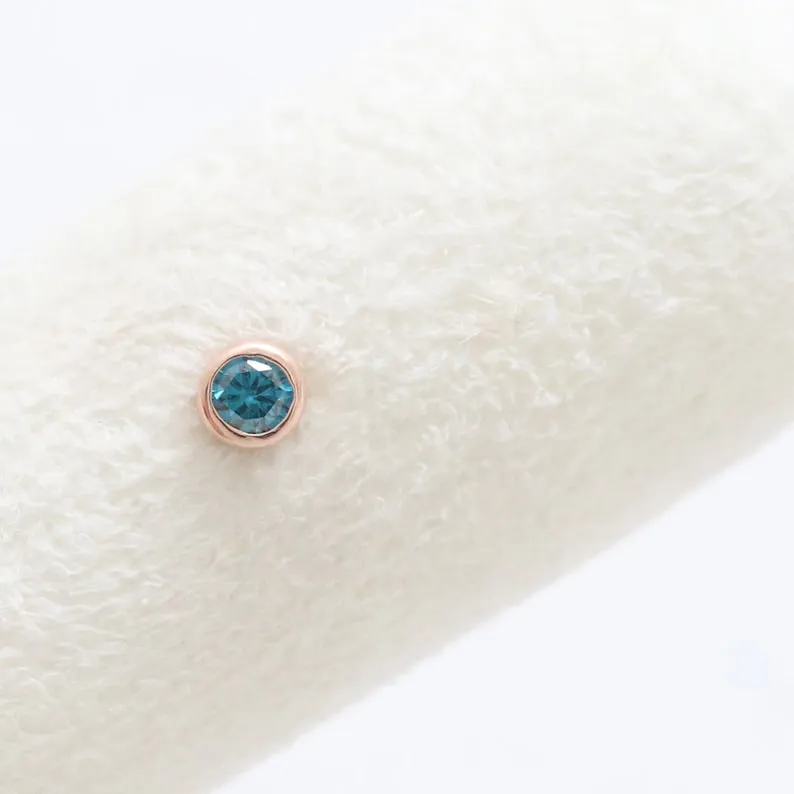 14K 18K Solid Gold 0.07ct Genuine Blue Diamond Bezel Cartilage Tragus Helix Piercing