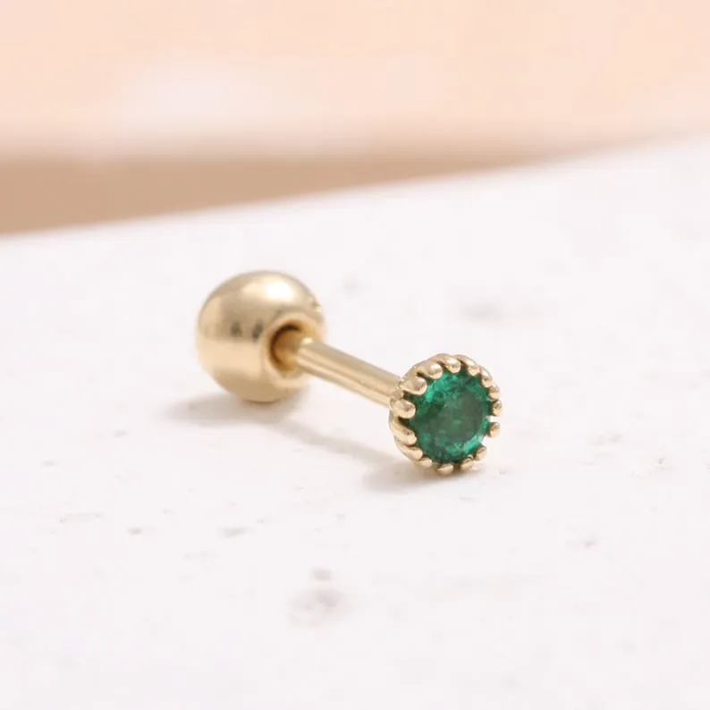 14K 18K Solid Gold 0.07ct Genuine Emerald Prongs Cartilage Tragus Helix Piercing