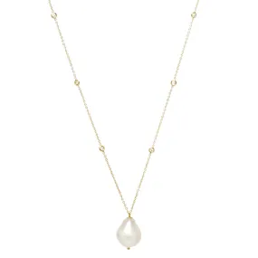 14k Baroque Pearl & Floating Diamond Station Necklace