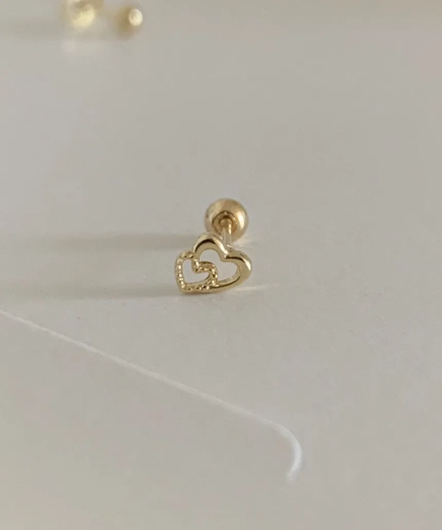 14K Solid Gold Love Double Heart Tragus Cartilage Forward Helix Conch Earring Piercing Stud