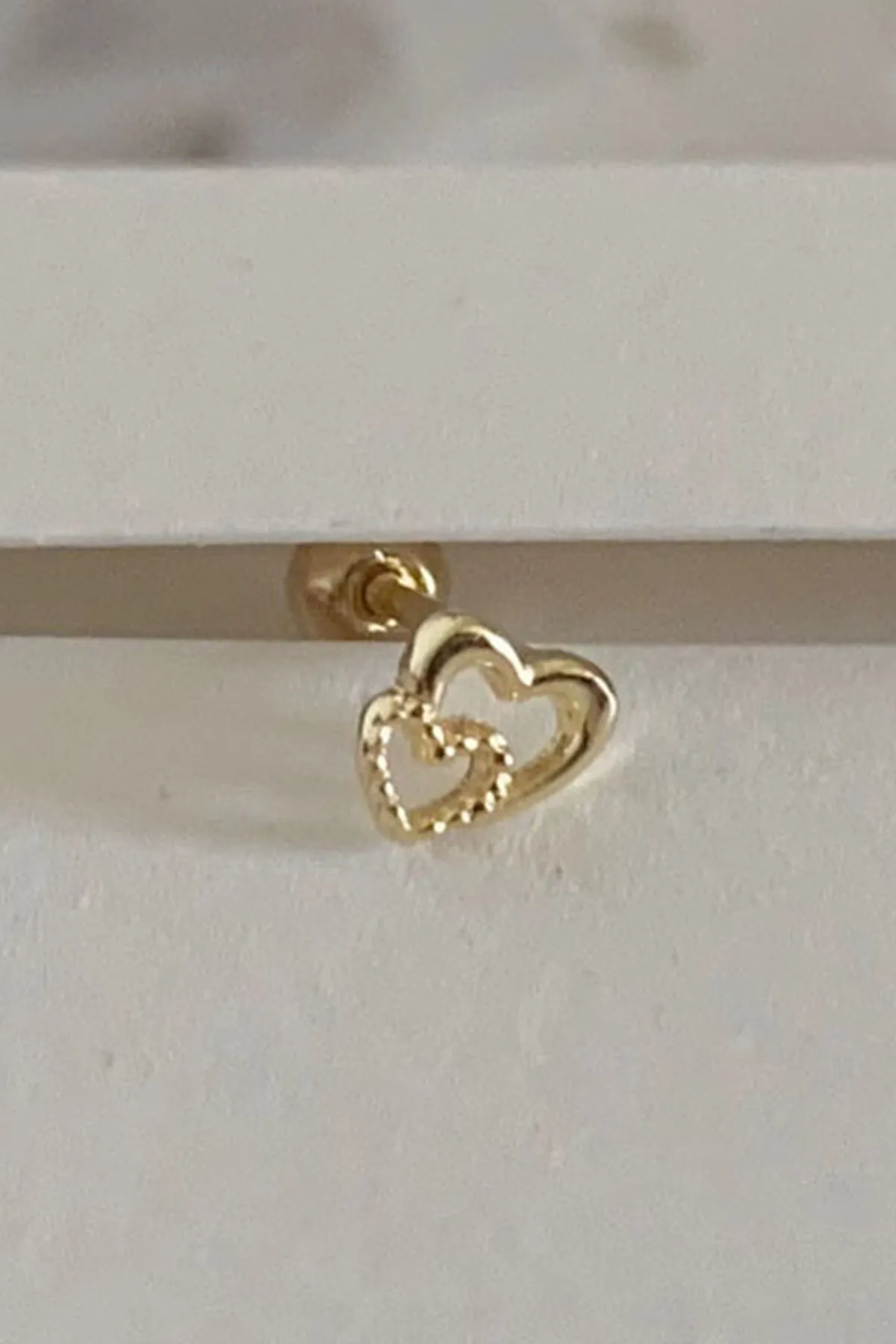 14K Solid Gold Love Double Heart Tragus Cartilage Forward Helix Conch Earring Piercing Stud