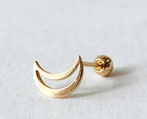 14K Solid Gold Open Crescent Moon Tragus Cartilage Helix Conch Earring Barbell Piercing Stud