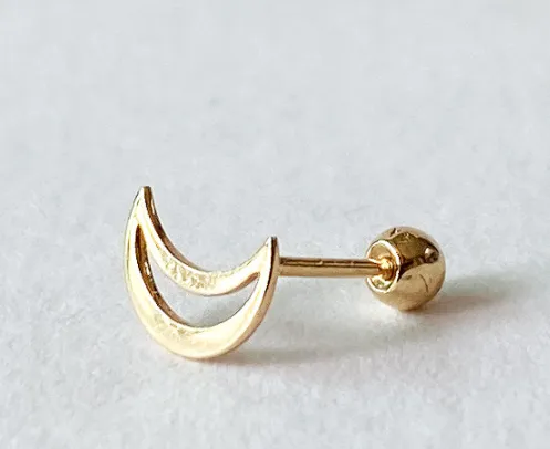 14K Solid Gold Open Crescent Moon Tragus Cartilage Helix Conch Earring Barbell Piercing Stud