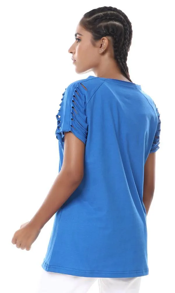 57184 Perforated Cuts Short Sleeves Blue T-Shirt