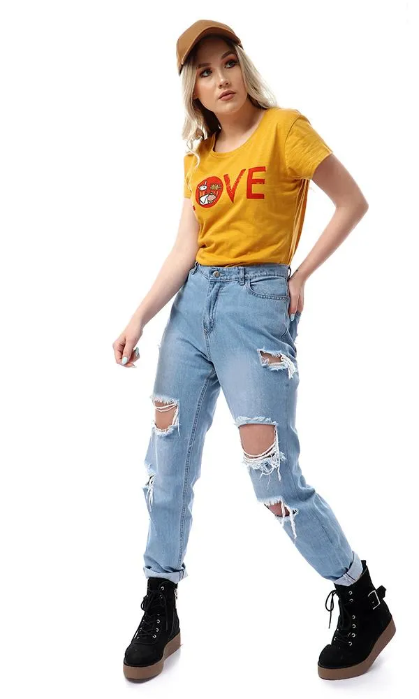 57583 " Love " Printed Round Slip Mustard T-Shirt