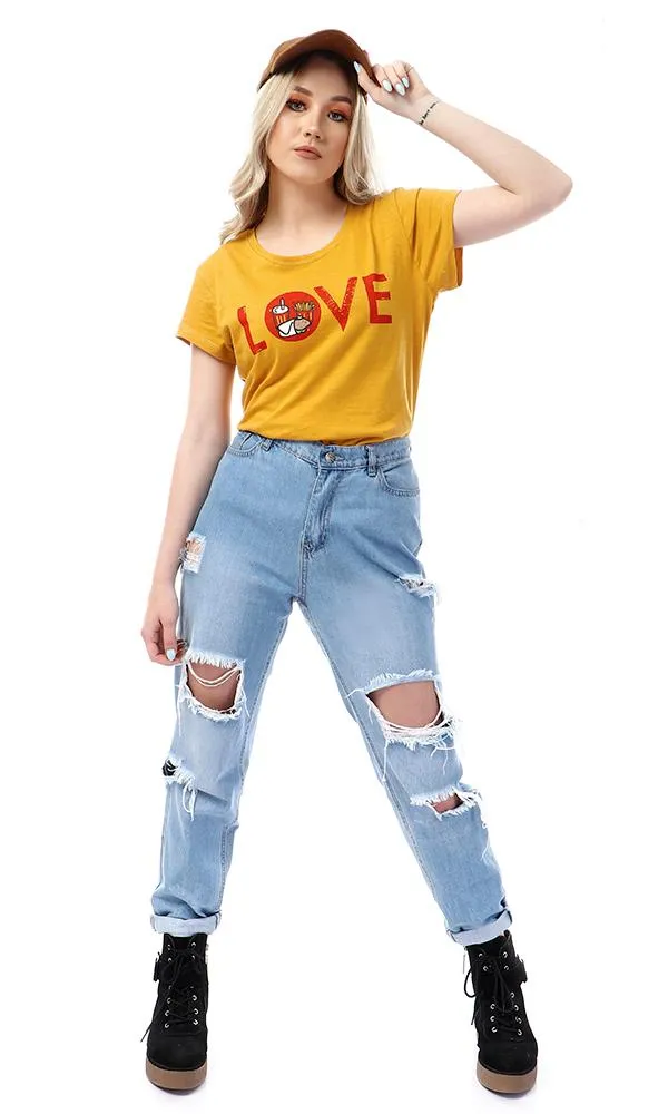 57583 " Love " Printed Round Slip Mustard T-Shirt