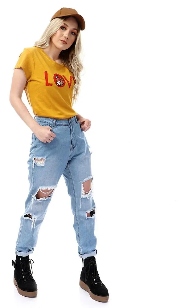 57583 " Love " Printed Round Slip Mustard T-Shirt