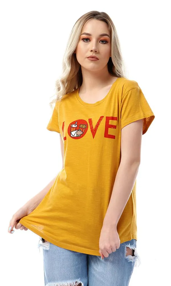 57583 " Love " Printed Round Slip Mustard T-Shirt