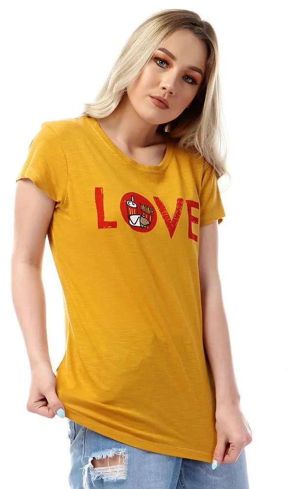 57583 " Love " Printed Round Slip Mustard T-Shirt