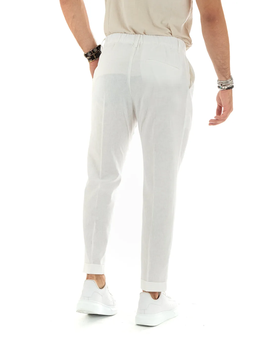 Abito Uomo Completo Lino Giacca Sahariana Pantaloni Tinta Unita Bianco Casual GIOSAL-OU2338A