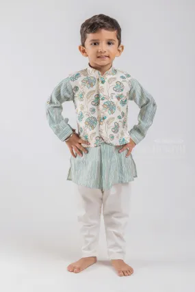 All Over Stripes Printed Green Kurta with White Pant and Floral Printed Overcoat For Boys