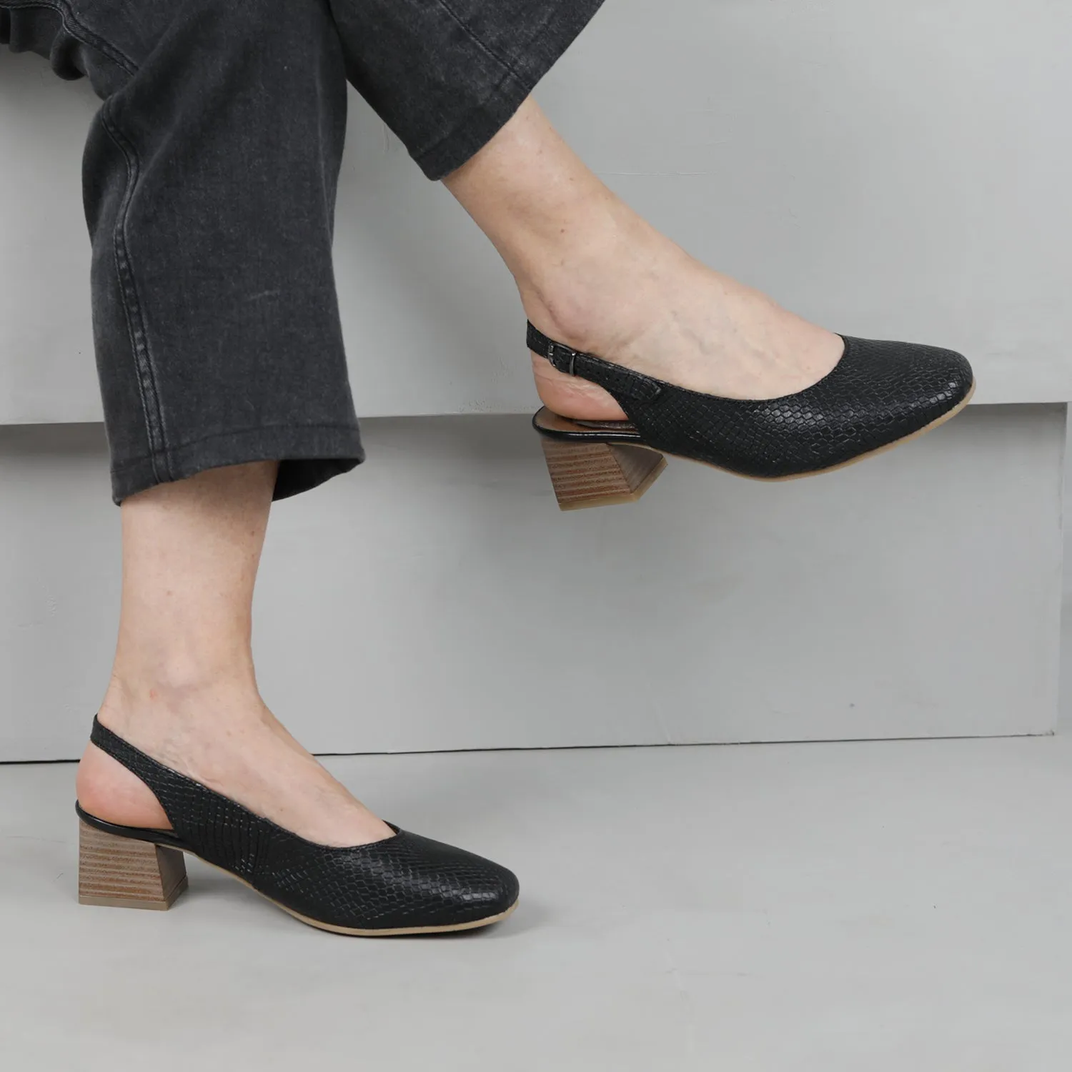 Block Heel Square Toe Slingback in Black - 12595