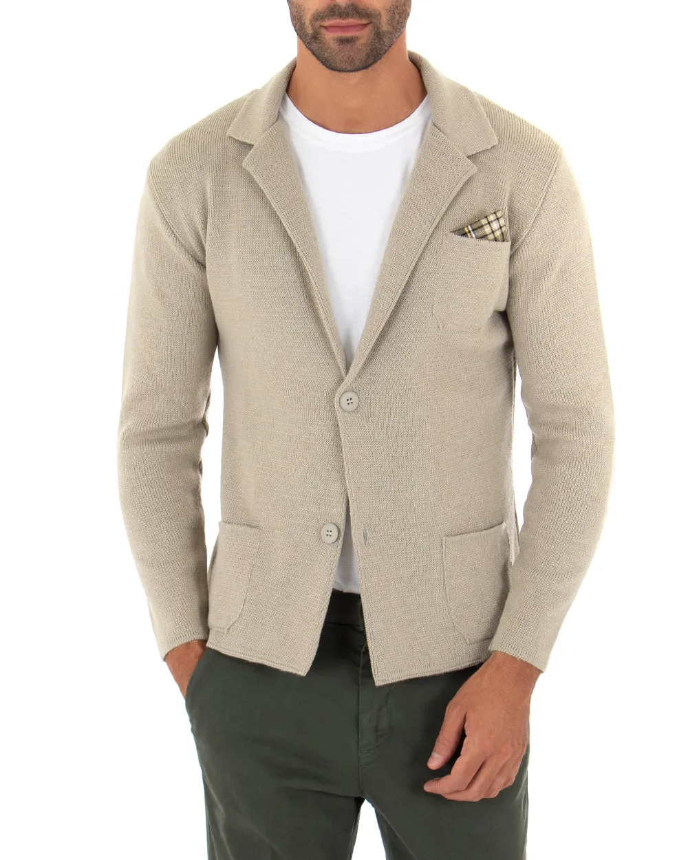 Cardigan Uomo Giacca Con Bottoni Maglia Maglioncino Tinta Unita Beige Casual GIOSAL-M2667A