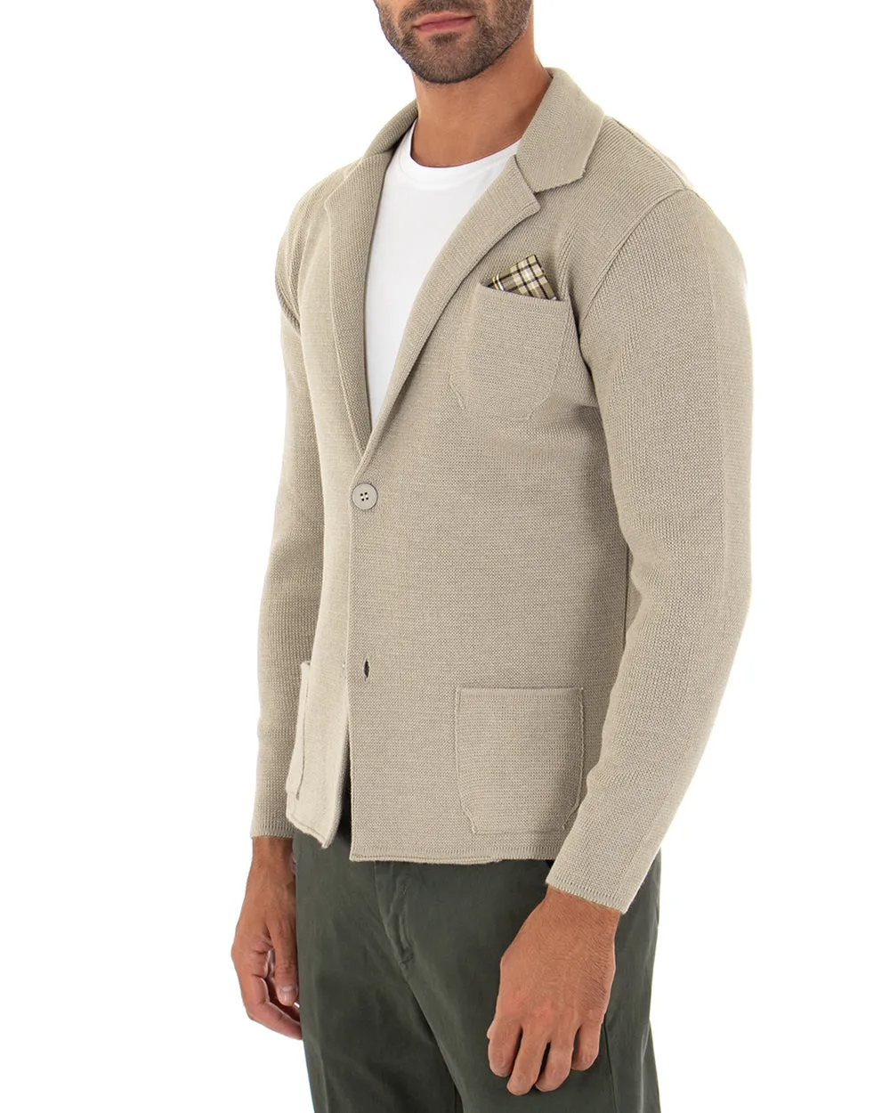 Cardigan Uomo Giacca Con Bottoni Maglia Maglioncino Tinta Unita Beige Casual GIOSAL-M2667A