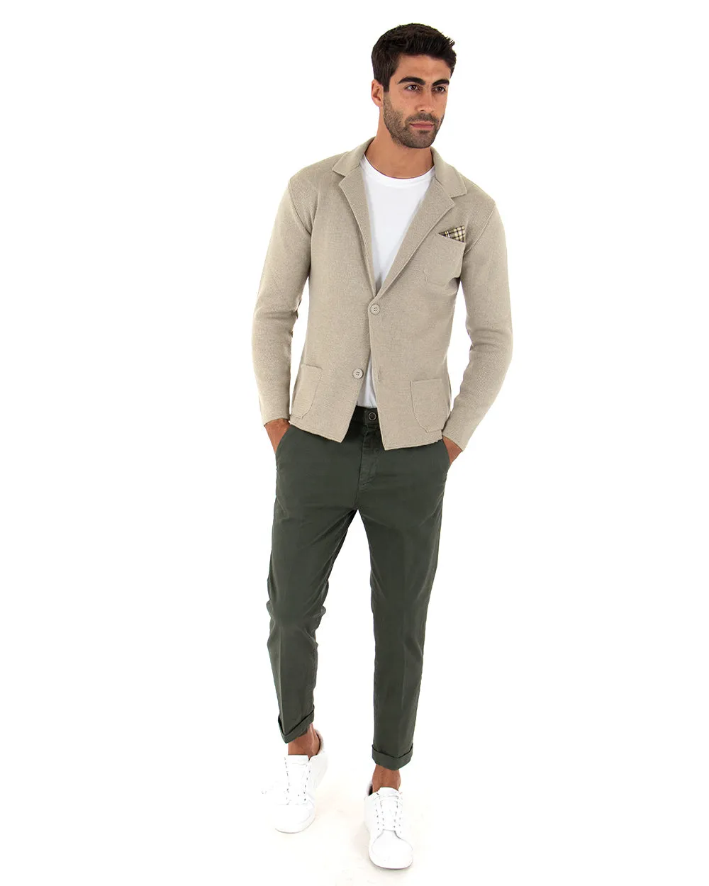 Cardigan Uomo Giacca Con Bottoni Maglia Maglioncino Tinta Unita Beige Casual GIOSAL-M2667A