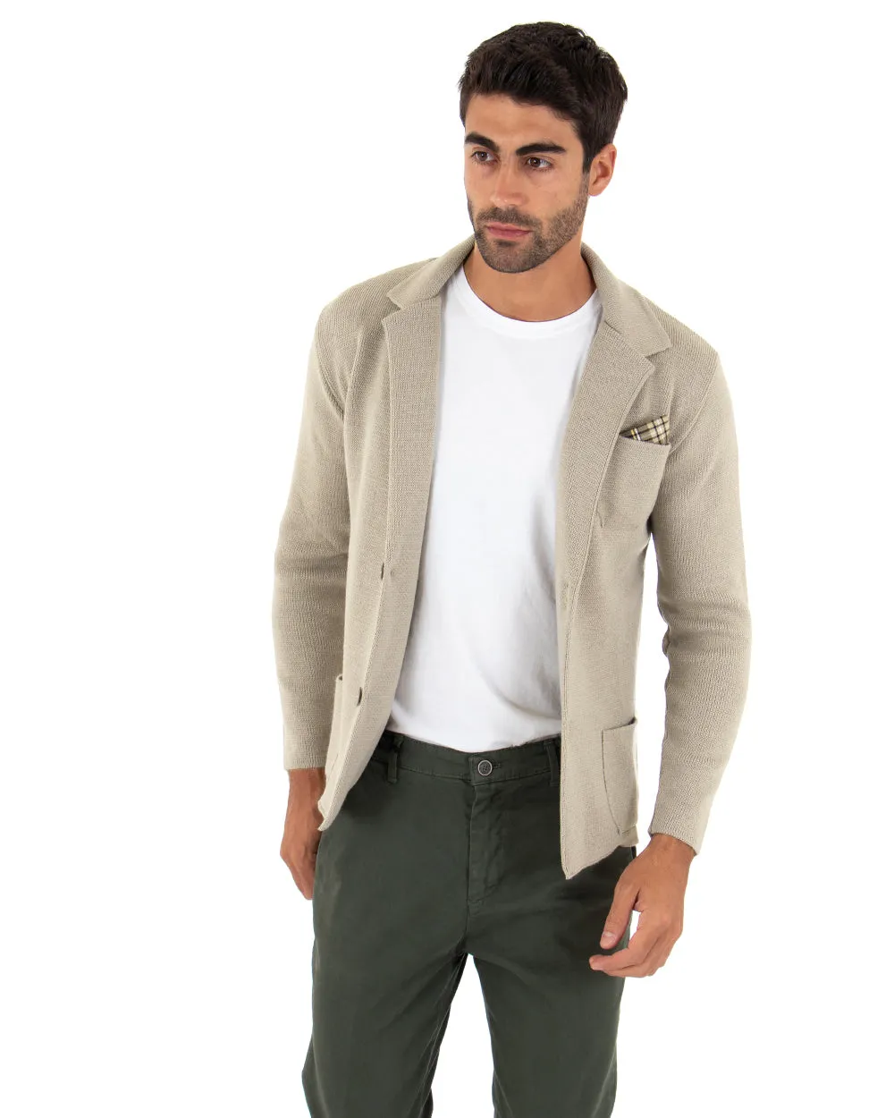 Cardigan Uomo Giacca Con Bottoni Maglia Maglioncino Tinta Unita Beige Casual GIOSAL-M2667A