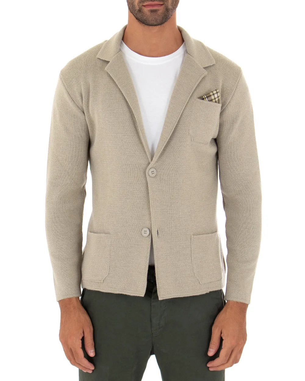 Cardigan Uomo Giacca Con Bottoni Maglia Maglioncino Tinta Unita Beige Casual GIOSAL-M2667A