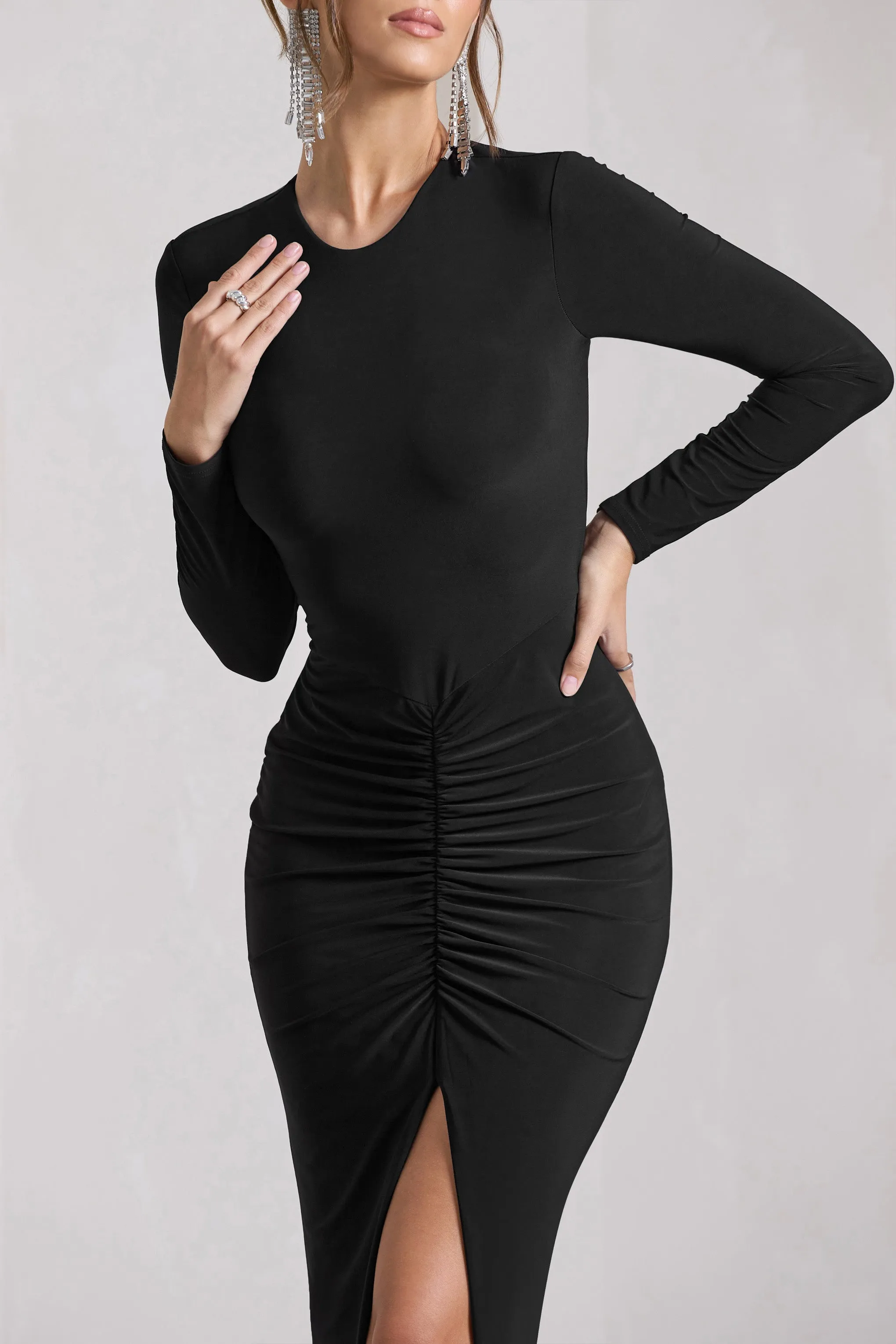 Katy | Black Ruched Long-Sleeve Split Maxi Dress