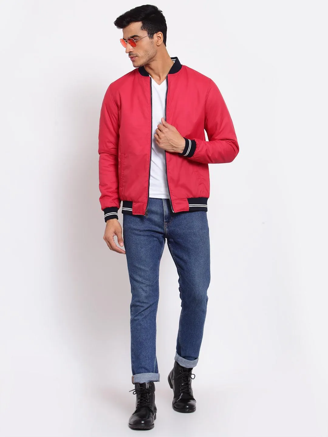 Men White & Coral Reversible Outdoor Varsity Jacket