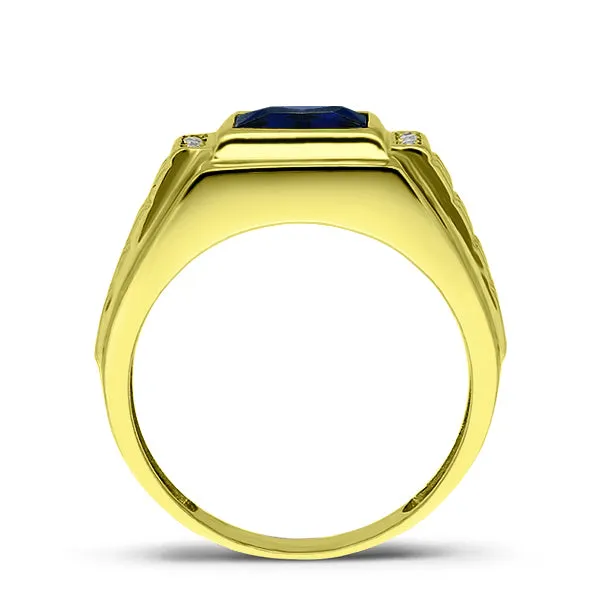 Mens Solid 10K Gold Blue Sapphire Ring 0.08ct Natural Diamonds Fine Ring for Man