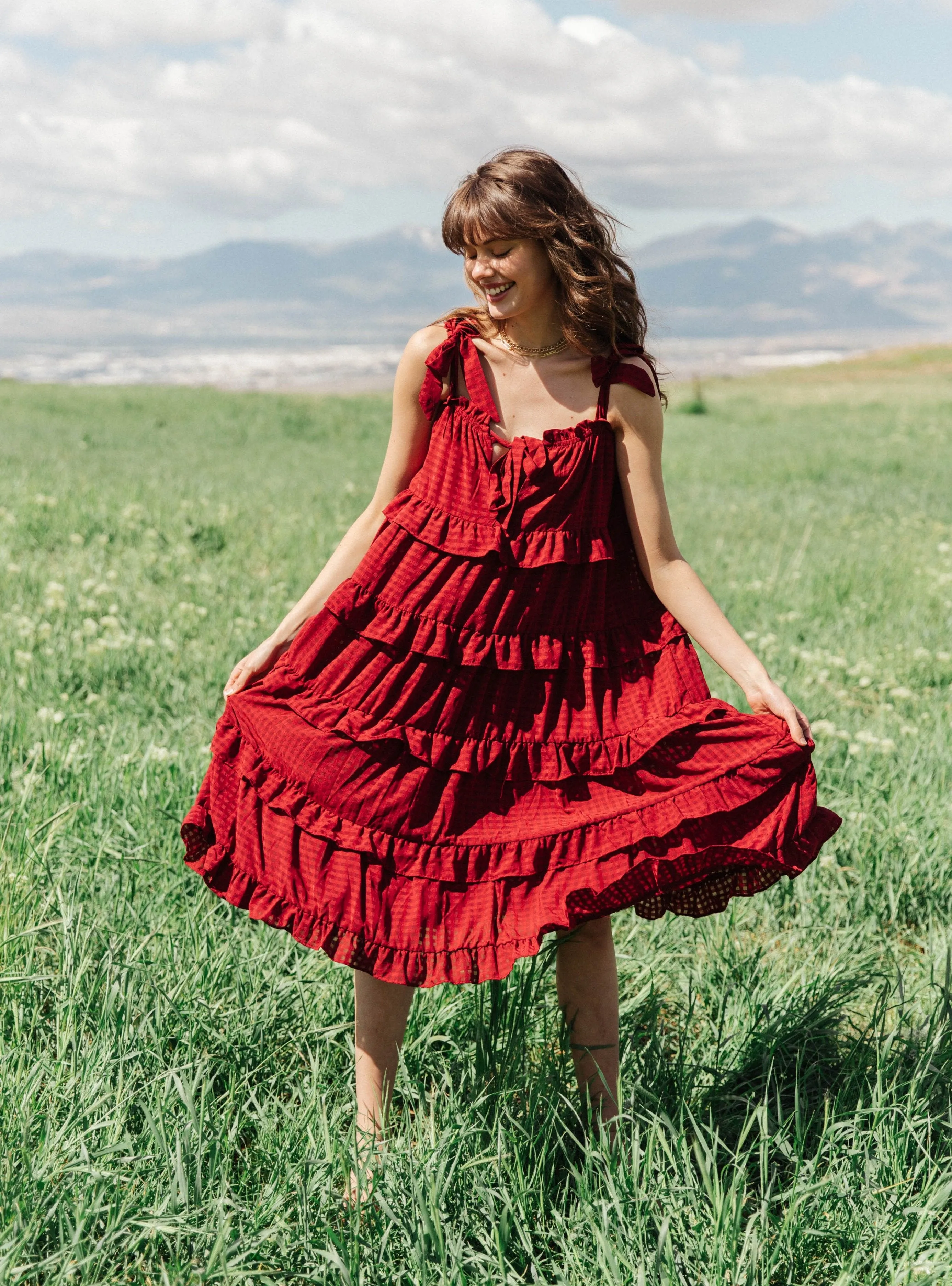 Merlot Gingham Tiered Midi Dress