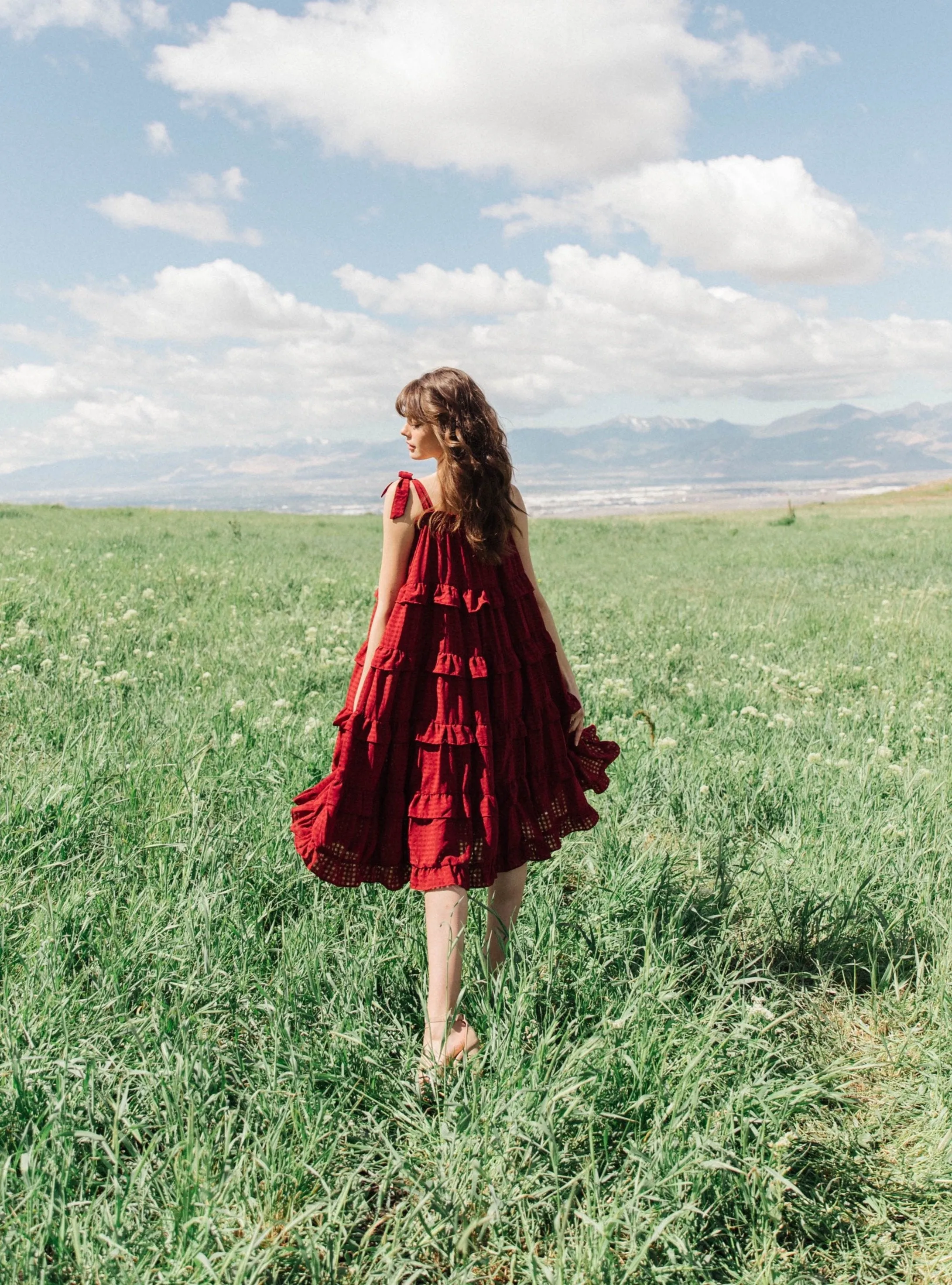 Merlot Gingham Tiered Midi Dress