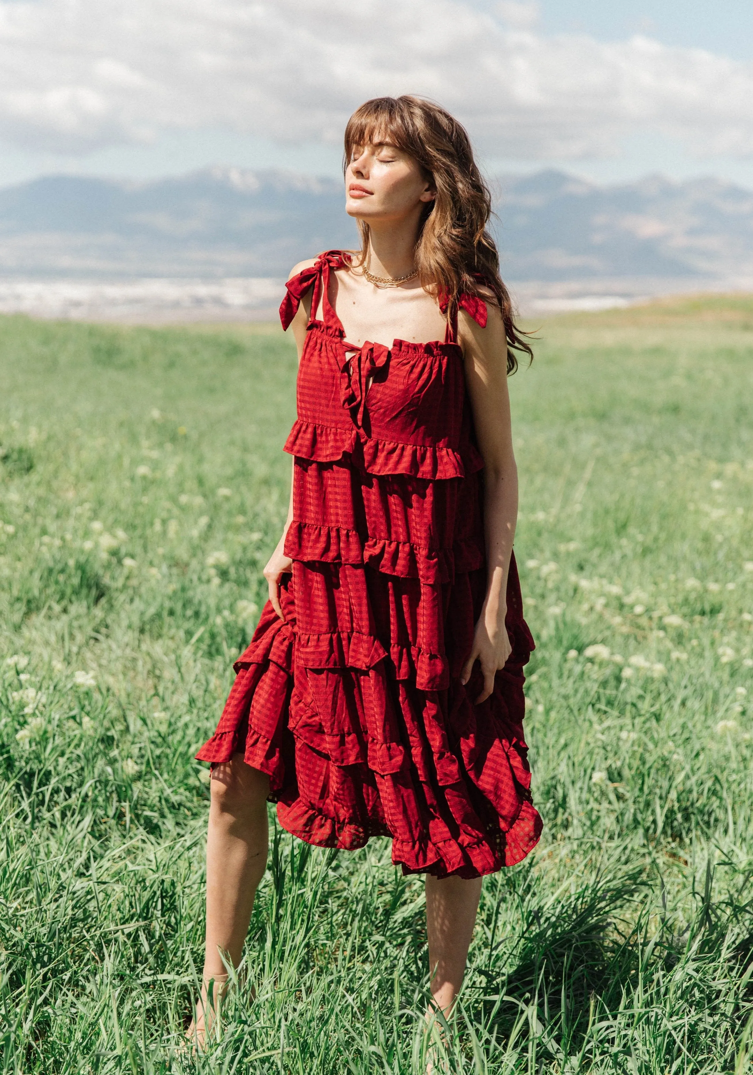 Merlot Gingham Tiered Midi Dress