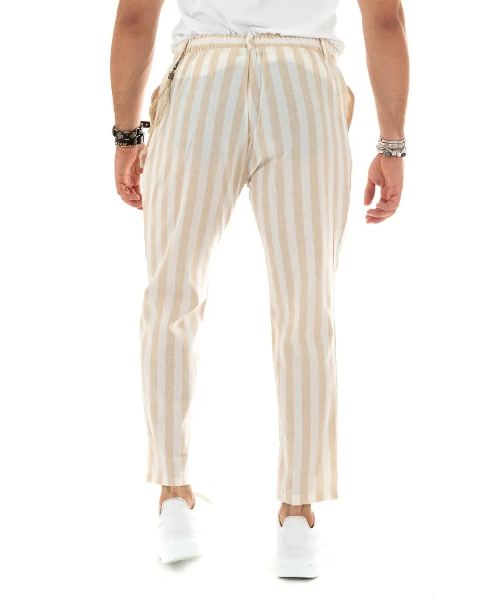 Pantaloni Uomo Lino Rigato Bicolore Beige Catena Elegante Casual Elastico Sul Retro GIOSAL-P5883A