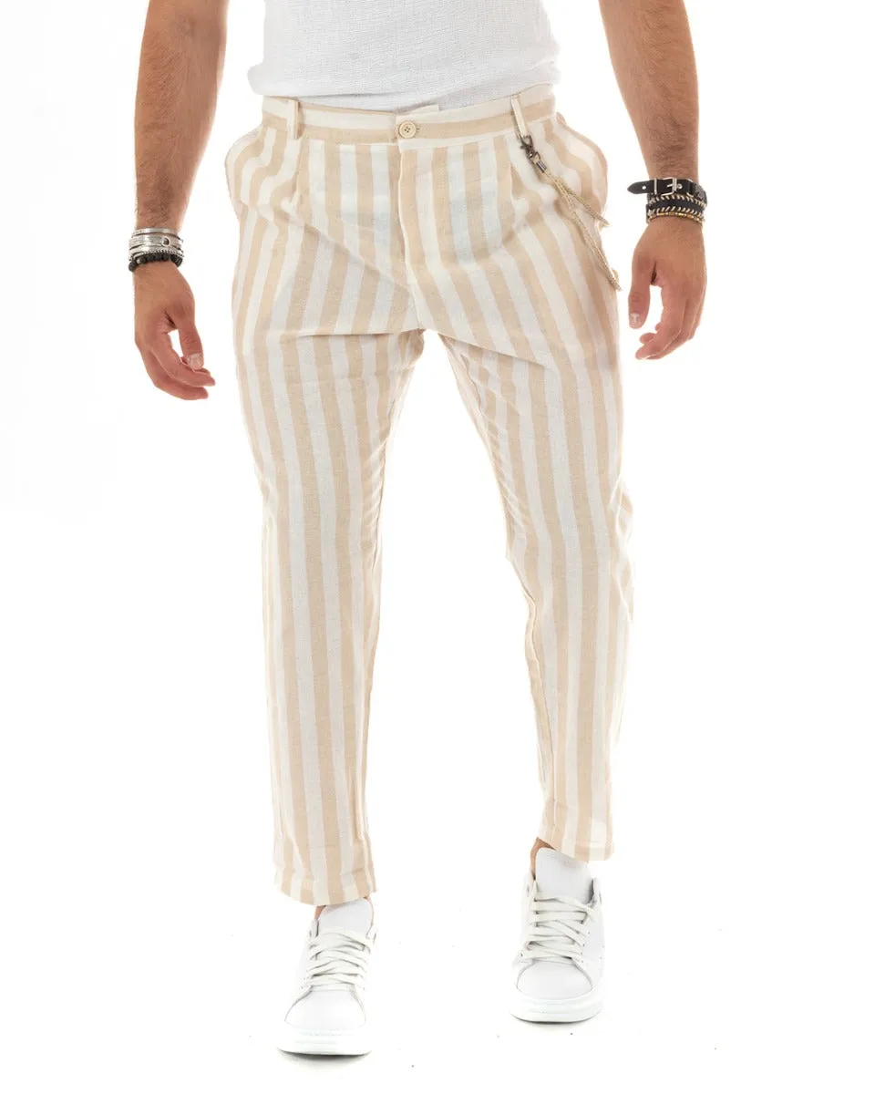 Pantaloni Uomo Lino Rigato Bicolore Beige Catena Elegante Casual Elastico Sul Retro GIOSAL-P5883A