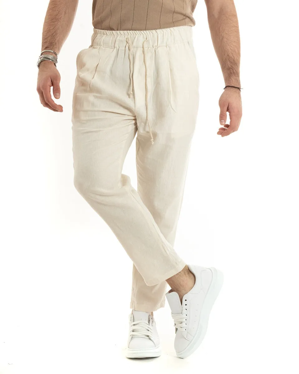 Pantaloni Uomo Pantalaccio Lino Lungo Jogger Elastico Sartoriale Casual Tinta Unita Beige GIOSAL-P5817A