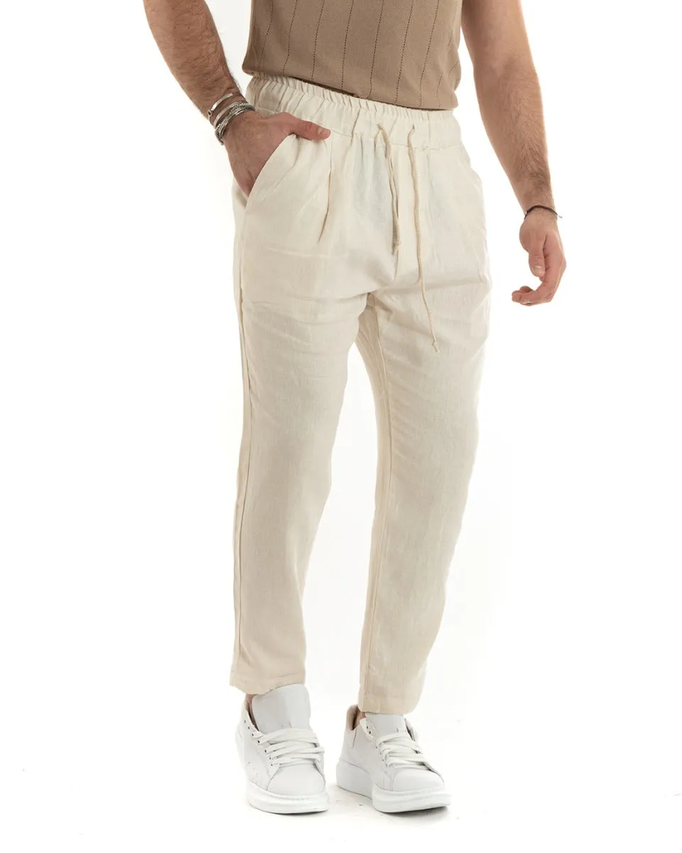 Pantaloni Uomo Pantalaccio Lino Lungo Jogger Elastico Sartoriale Casual Tinta Unita Beige GIOSAL-P5817A