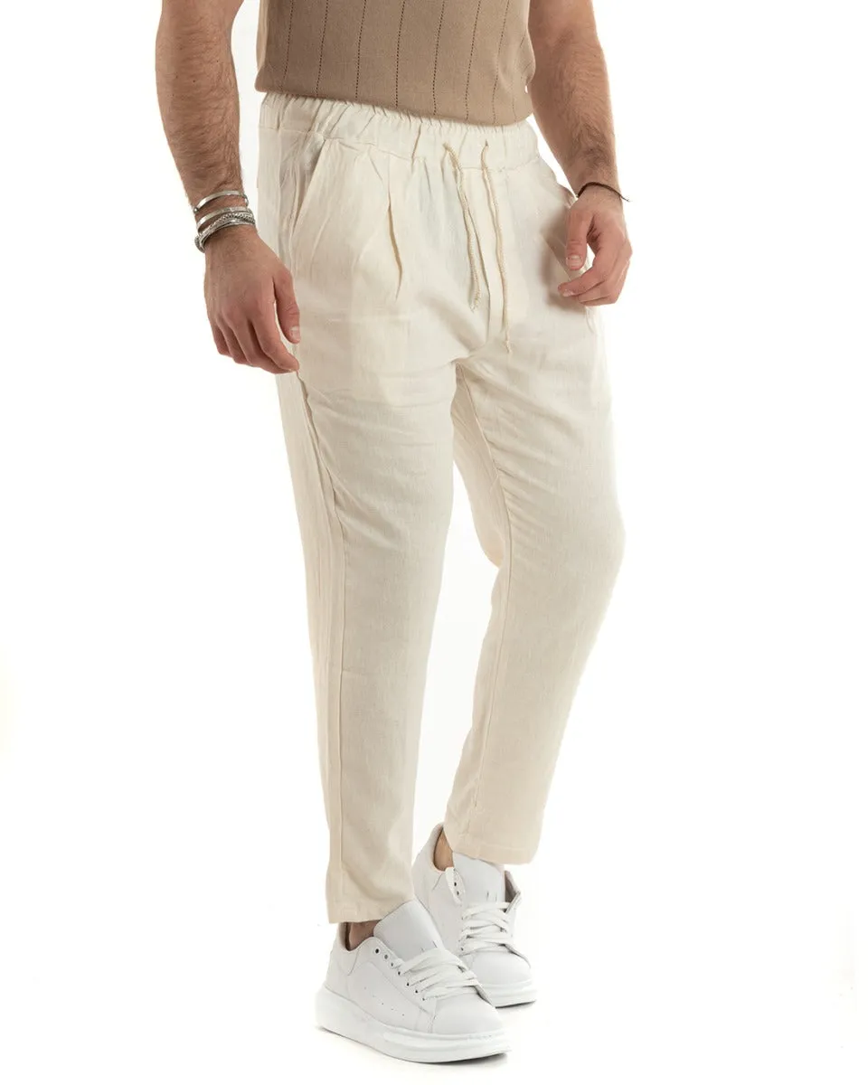 Pantaloni Uomo Pantalaccio Lino Lungo Jogger Elastico Sartoriale Casual Tinta Unita Beige GIOSAL-P5817A