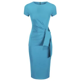 Pretty Blue Short Sleeve Ruched Tie Bodycon Pencil Dress