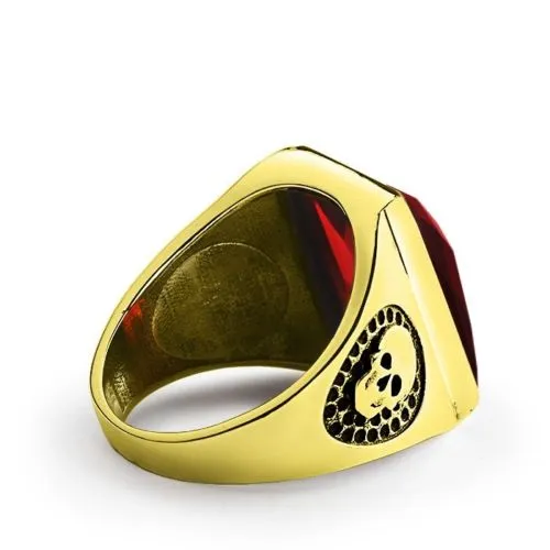 Skulls Men's Ring in 14K SOLID YELLOW GOLD Red Garnet Ring Jewelry