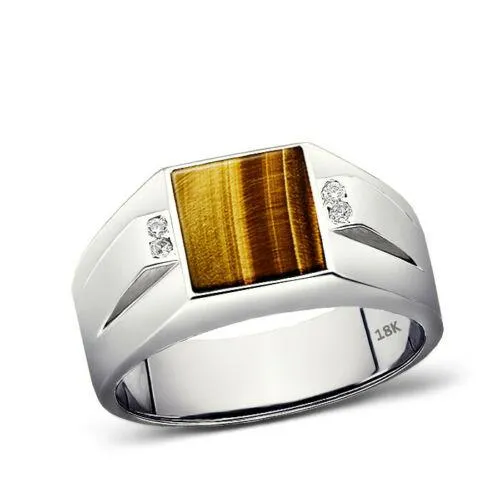 Solid 18K White Gold Tiger's Eye Mens Ring 0.08ct Natural Diamonds Ring for Men