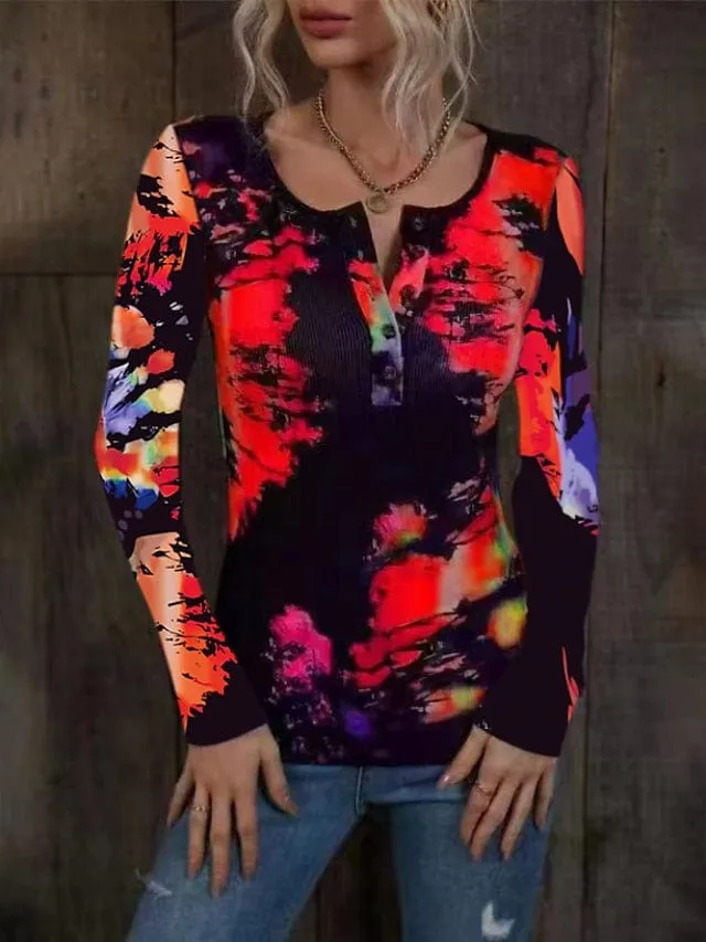 Stylish Women's Tie Dye Henley Shirt with Long Sleeves