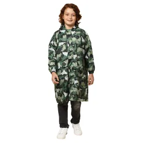 THE CLOWNFISH Cannon Series Kids Waterproof Nylon Double Coating Reversible Longcoat with Hood and Reflector Logo at Back. Printed Plastic Pouch. Kid Age-10-11 years (Green Camo)